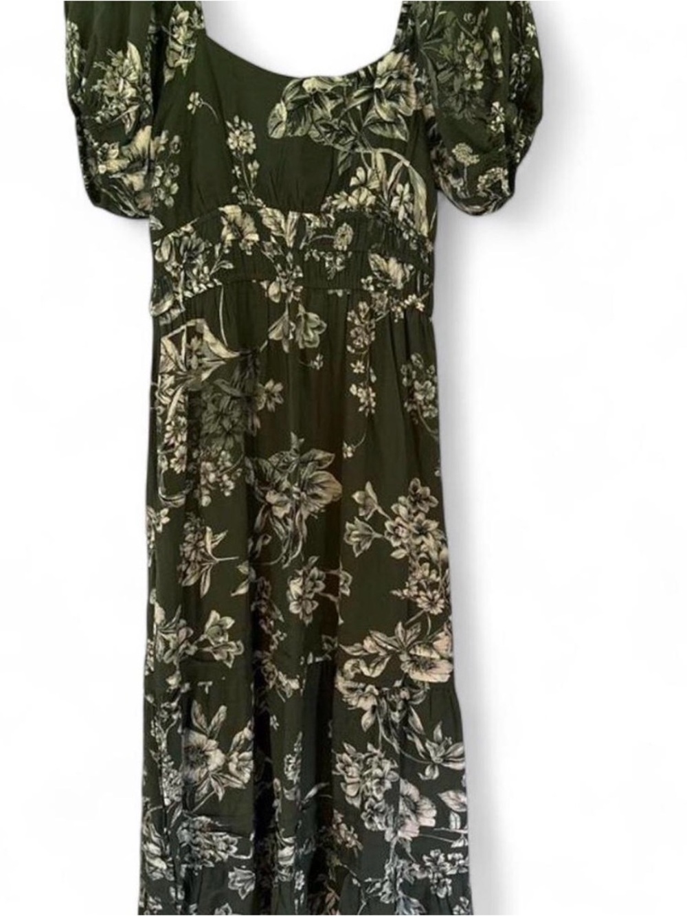 Women’s Olive Green puff sleeve Floral Maxi Dress